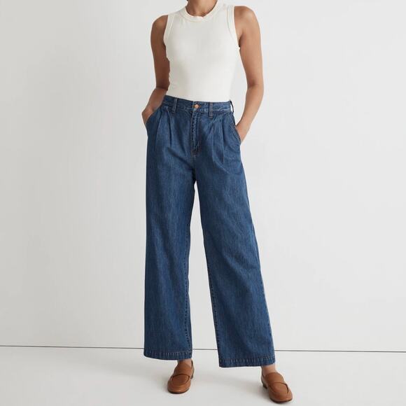 Madewell Baggy Straight Jeans Pleated Harlow Wide-Leg Medium Blue Denim Size 25 - Picture 1 of 14